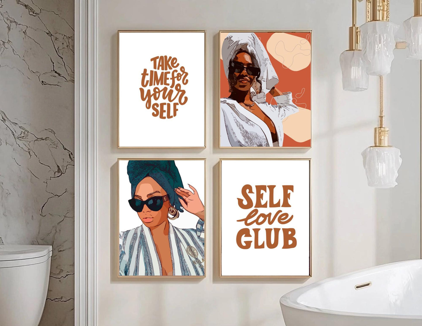 Me time self love and bathroom set of 4 posters - art for nail salon hair salon art prints nail art design women prints for black women