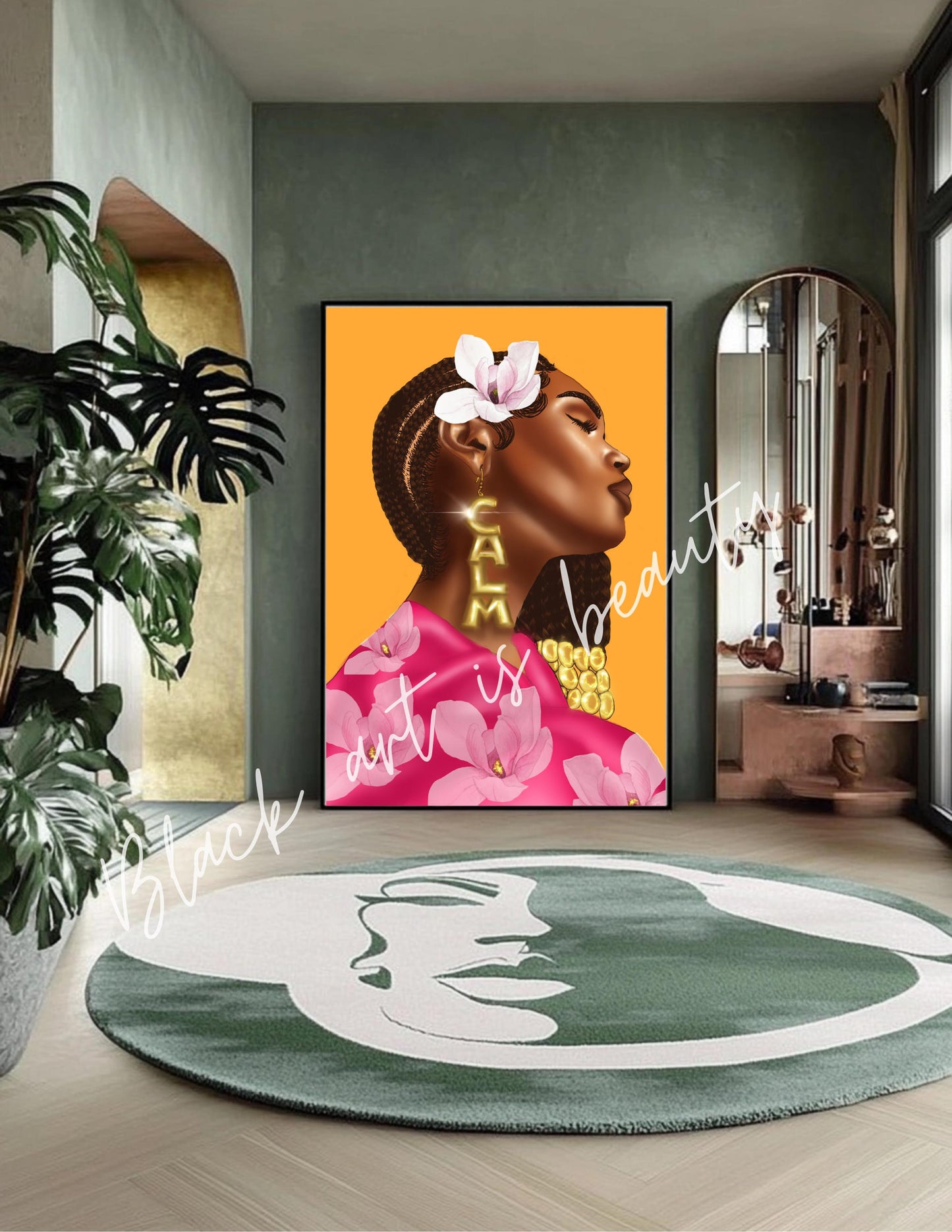 Black Woman with Braids Floral Spring Art Matte Vertical Posters, African American Woman Home Decor, Yellow Wall Art , Office Wall Art