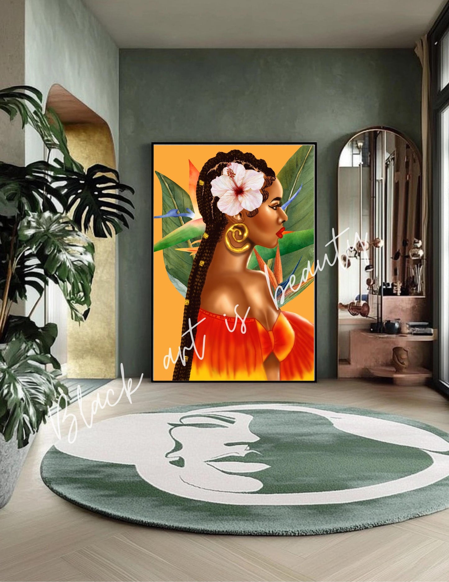 Black Woman with Braids Tropical Birds Of Paradise Art Matte Vertical Posters, African American Woman Decor, Yellow Decor, Office Wall Art