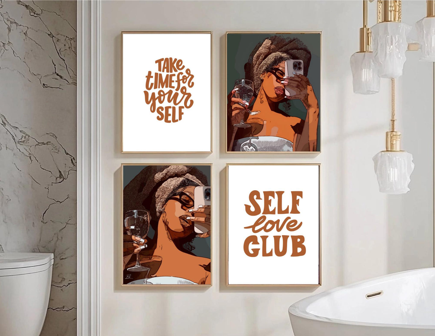 Me time self love bathroom set of 4 posters - art for nail salon hair salon art prints nail art design women prints for black women