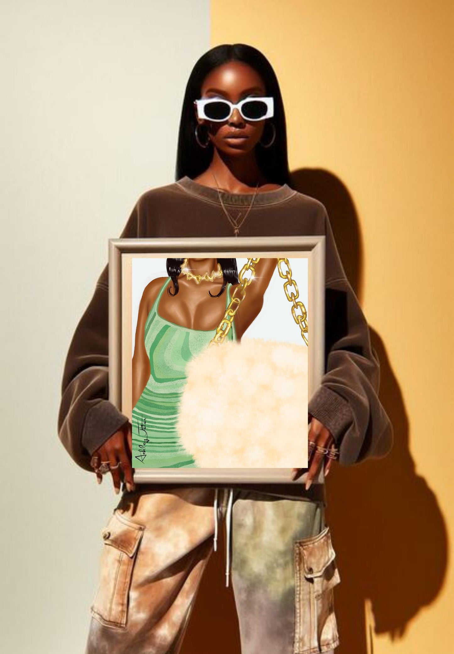 Fashionista Black Girl Art Matte Vertical Posters, African American Woman Wall Decor, Stylish Green Dress Print, purse art