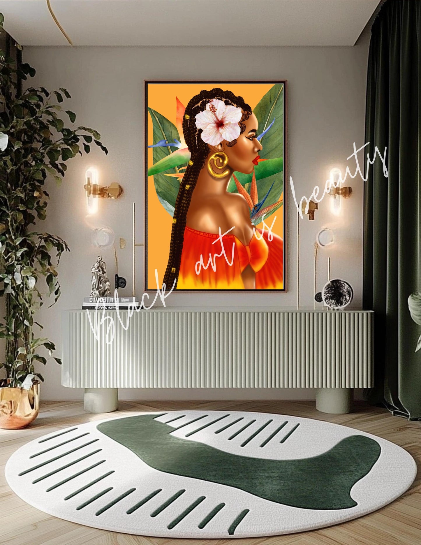 Black Woman with Braids Tropical Birds Of Paradise Art Matte Vertical Posters, African American Woman Decor, Yellow Decor, Office Wall Art