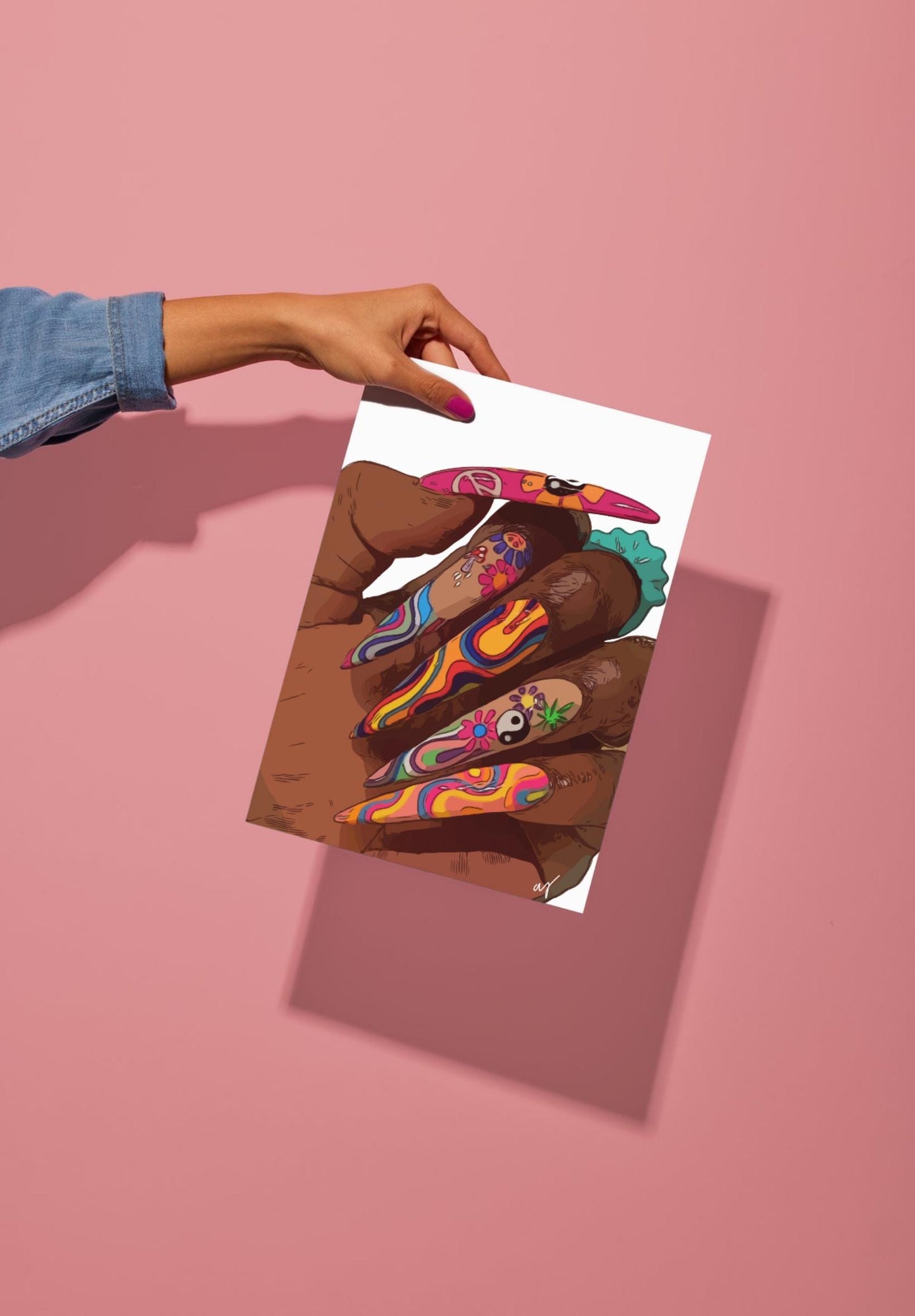Colorful nails 70s groovy hippie nail art Black Girl Art Matte Vertical Posters, African American Woman Wall Decor, 70s art