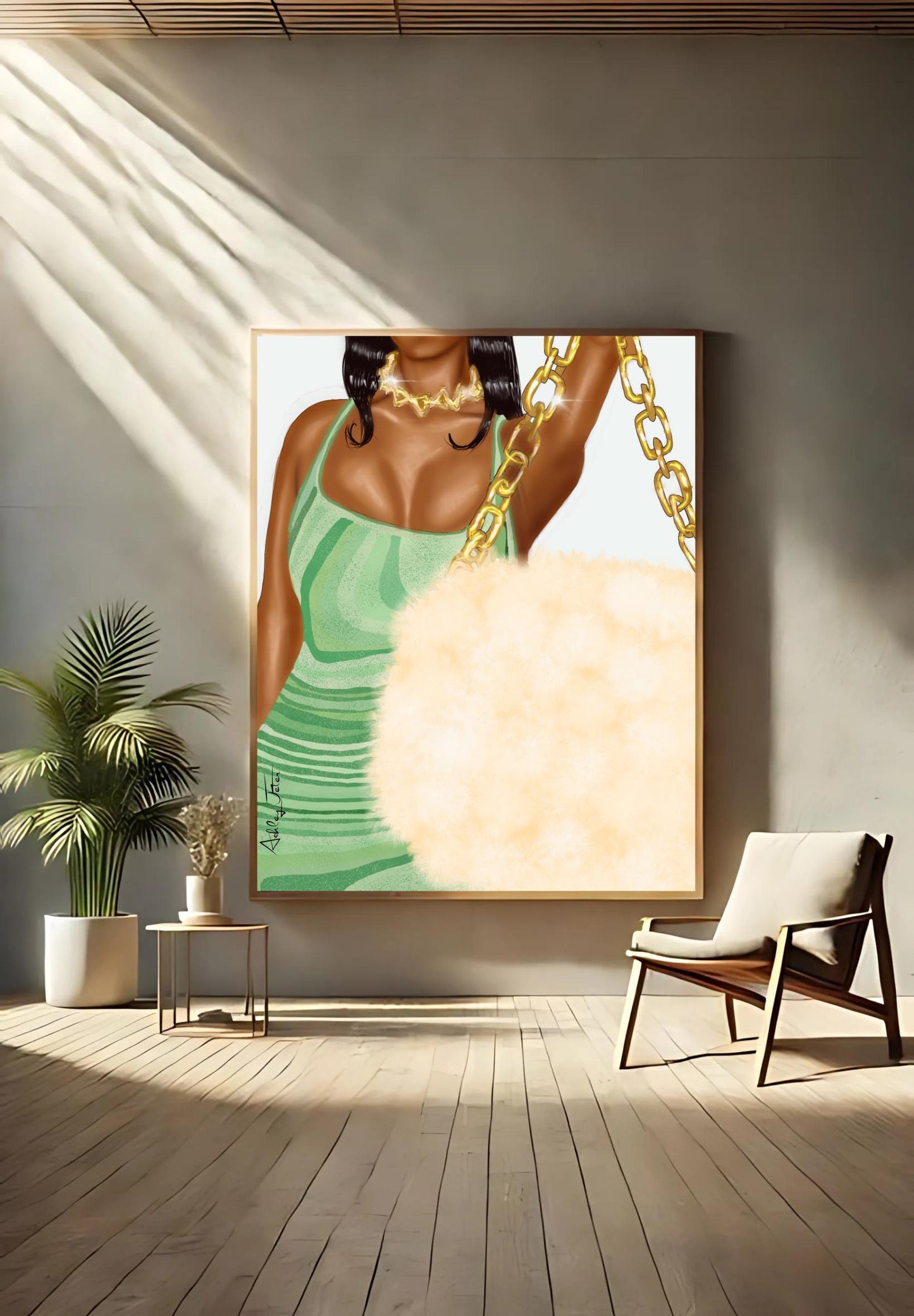 Fashionista Black Girl Art Matte Vertical Posters, African American Woman Wall Decor, Stylish Green Dress Print, purse art