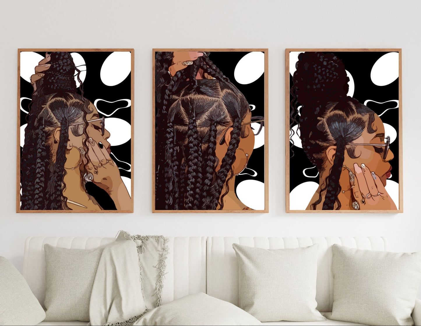 Braids black and white abstract set of 3 posters - art for nail salon hair salon art prints nail art design women prints for black women