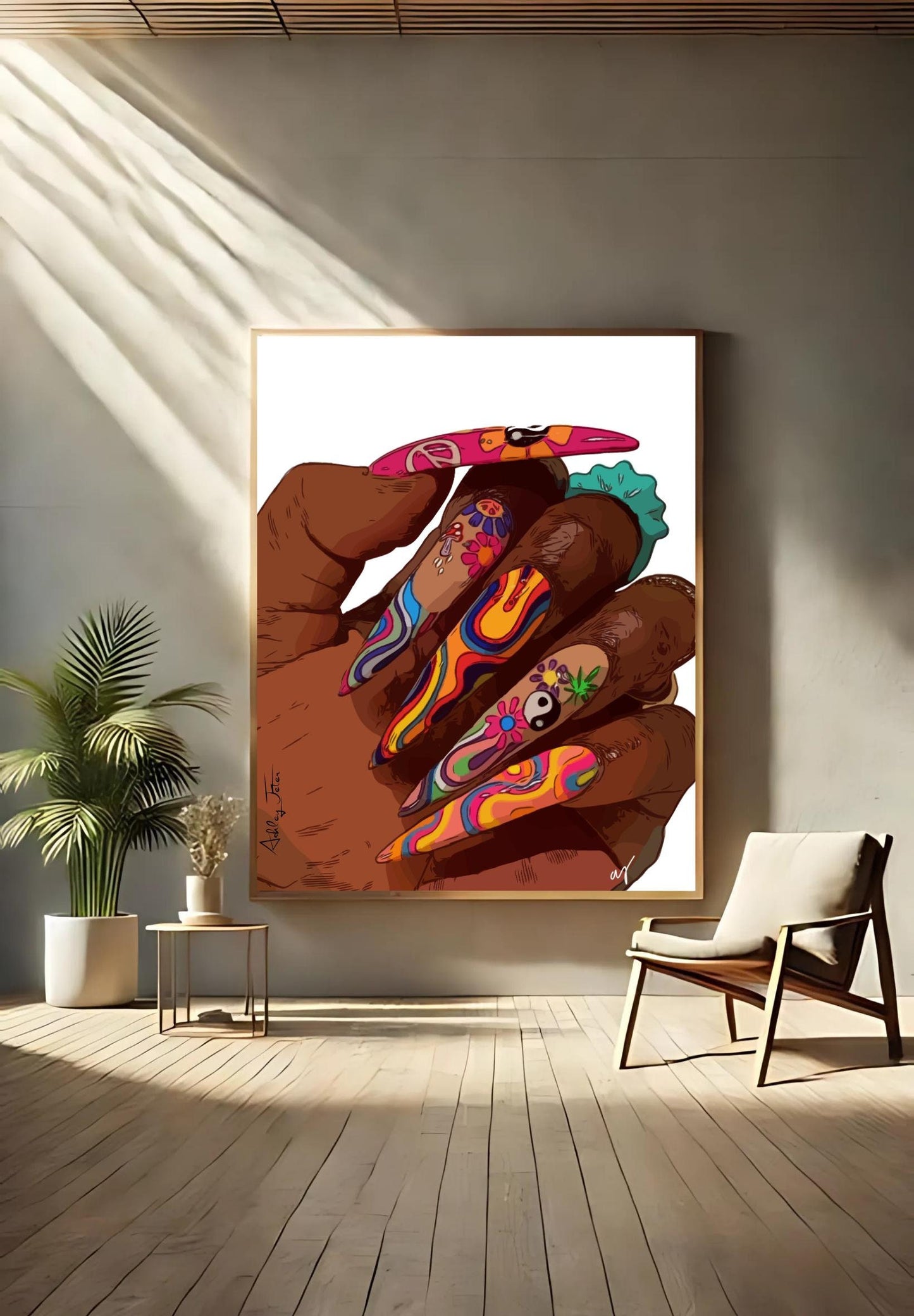 Colorful nails 70s groovy hippie nail art Black Girl Art Matte Vertical Posters, African American Woman Wall Decor, 70s art