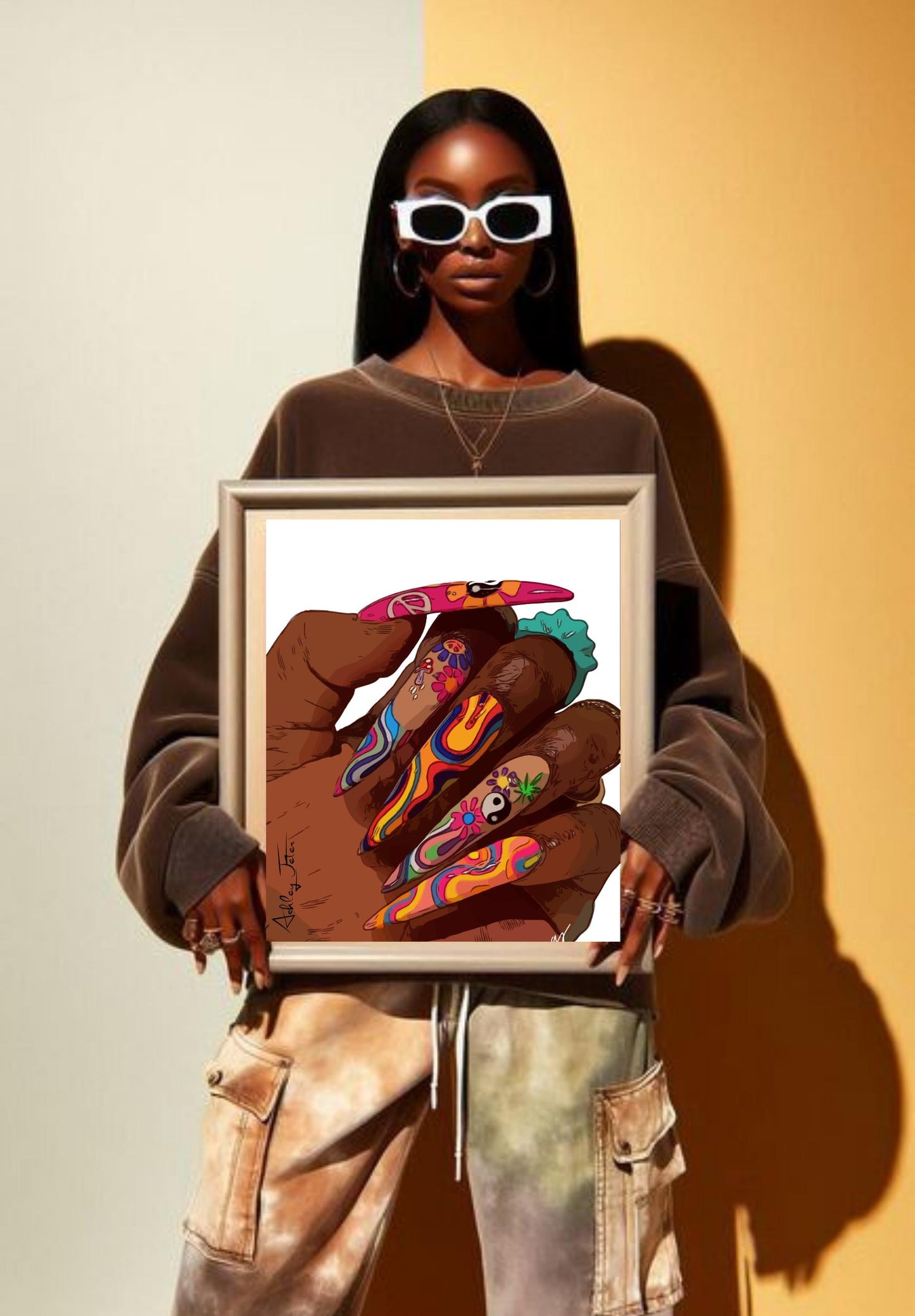 Colorful nails 70s groovy hippie nail art Black Girl Art Matte Vertical Posters, African American Woman Wall Decor, 70s art