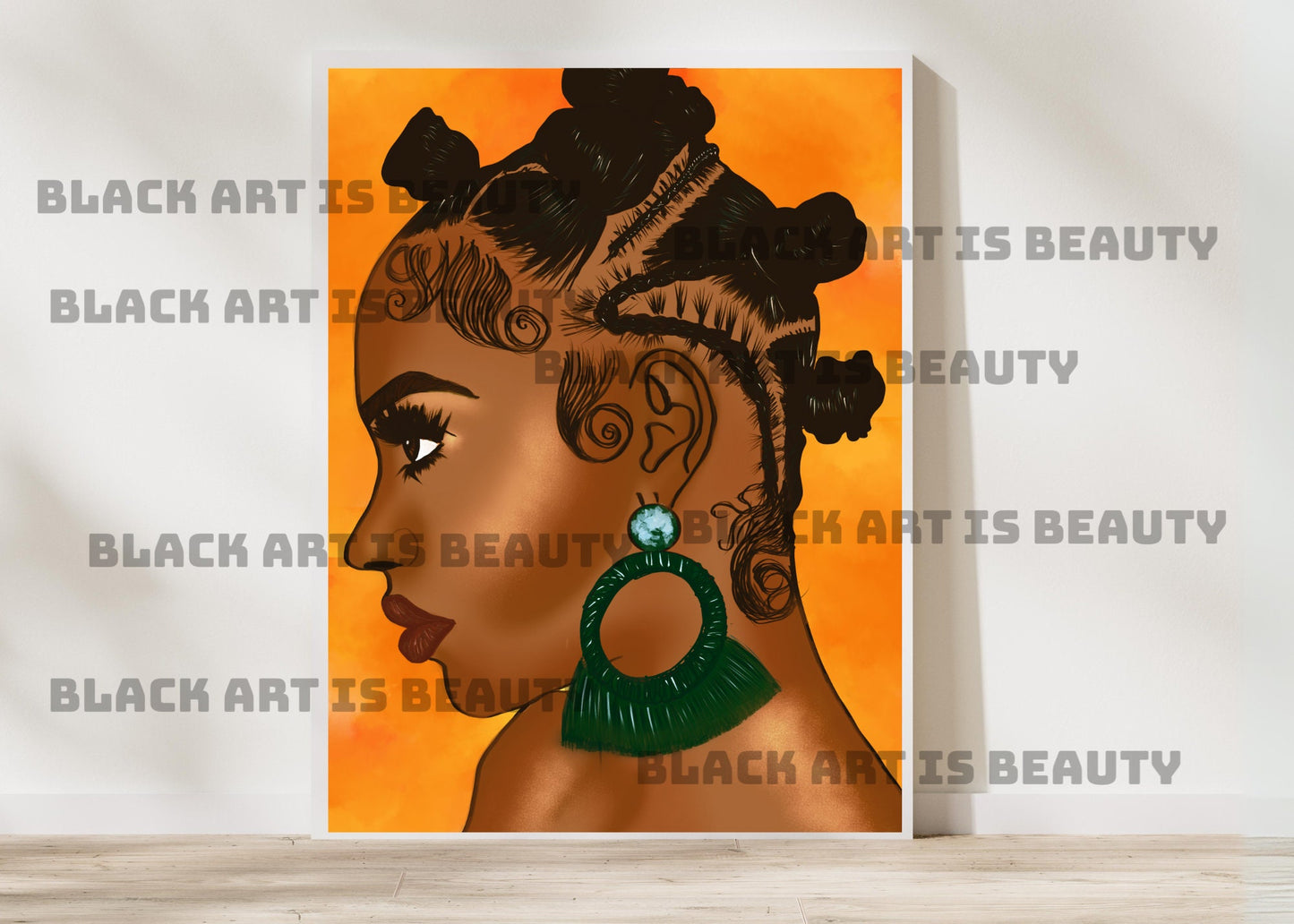 Bantu Knots and side profiles orange digital art, black hair art, braids, African hairstyles, Afro, hair salon art, black hair wall art
