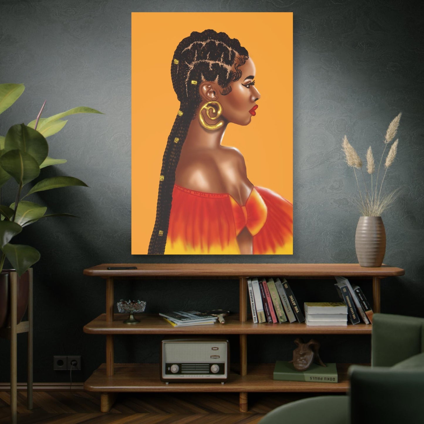 Braids orange ombre Woman Canvas Art, Boho Decor, Black Woman Wall Art,Afrocentric Home Decor, Modern Art Print, Yellow Gold Decor