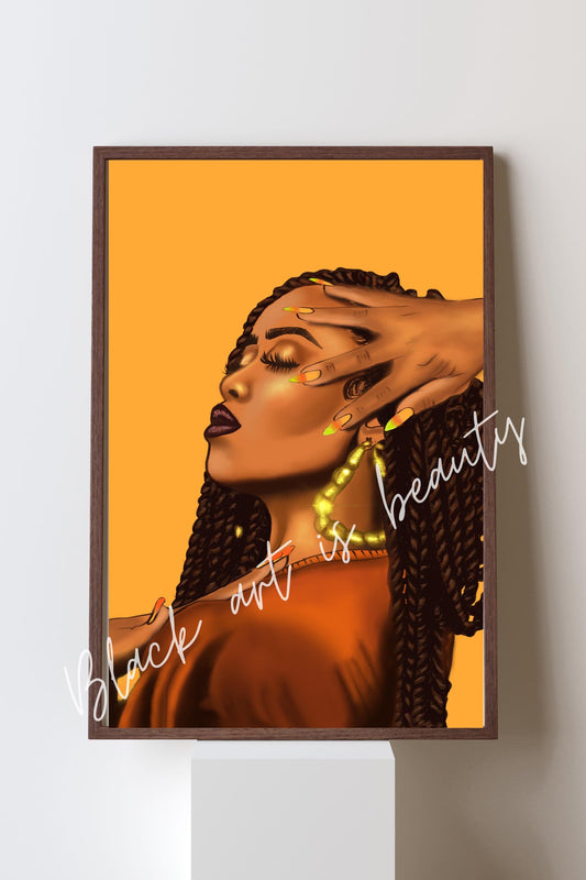 Black Woman with twist affirmation earrings Art Matte Vertical Posters, African American Woman Decor, Yellow Decor, Office Wall Art