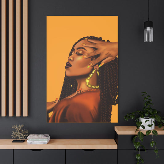 Basking in confidence | Braids Woman Canvas Yellow Gold Art, Boho Decor, Black Woman Wall Art,Afrocentric Home Decor, Modern Art Print, Yellow Gold Decor