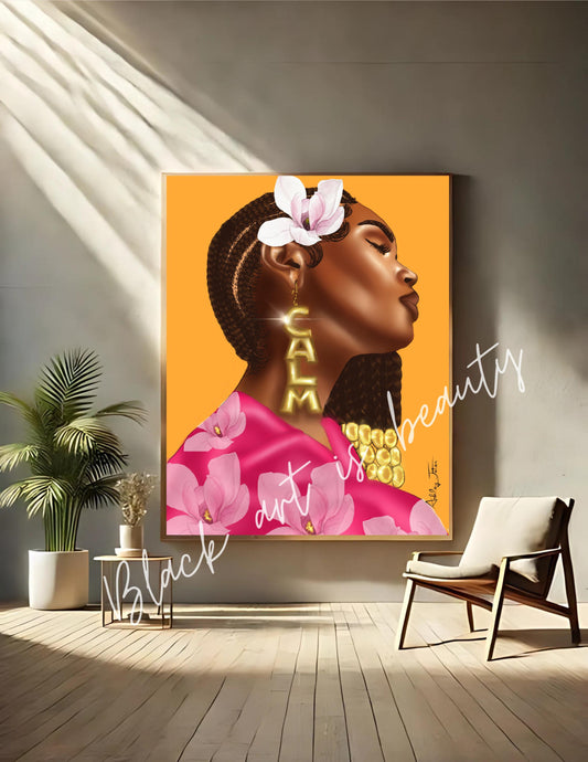 Black Woman with Braids Floral Spring Art Matte Vertical Posters, African American Woman Home Decor, Yellow Wall Art , Office Wall Art