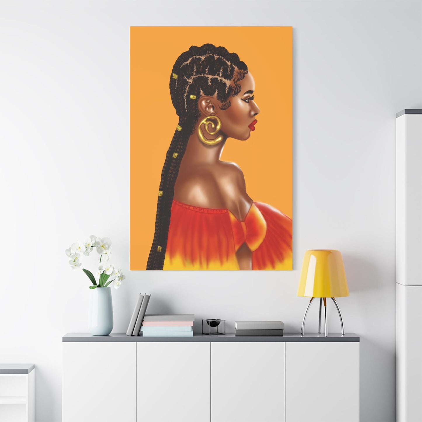 Braids orange ombre Woman Canvas Art, Boho Decor, Black Woman Wall Art,Afrocentric Home Decor, Modern Art Print, Yellow Gold Decor