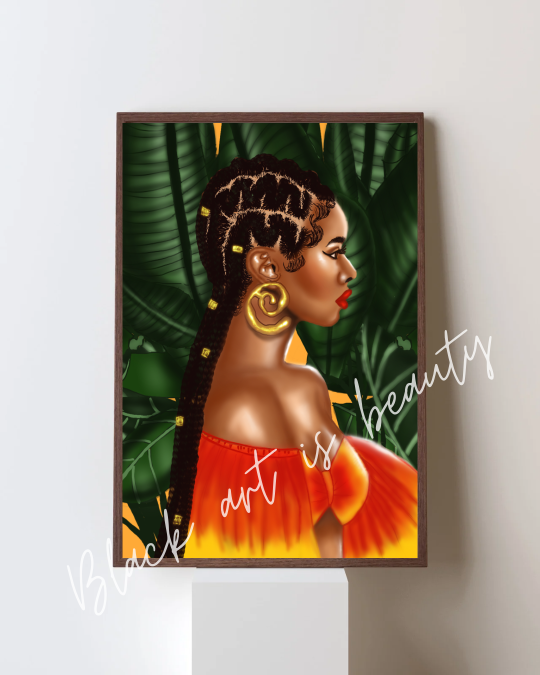 Black Art Matte Vertical Posters, African American Woman Home Decor, Orange & Green Tropical Jungle Plant Monstera, Office Wall Art, Matte