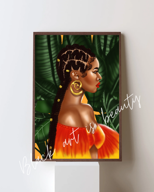 Black Art Matte Vertical Posters, African American Woman Home Decor, Orange & Green Tropical Jungle Plant Monstera, Office Wall Art, Matte