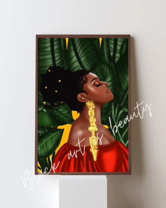 Black Art Matte Vertical Posters, African American Woman Home Decor, Orange & Green Tropical Jungle Plant Monstera, Office Wall Art, Matte