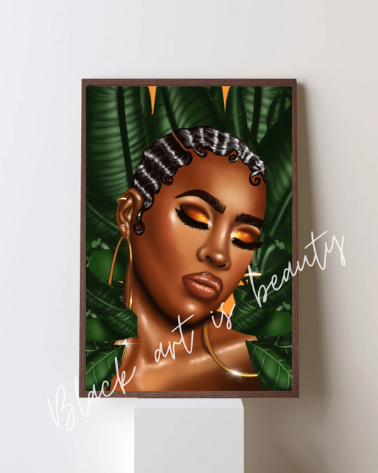 Black Art Matte Vertical Posters, African American Woman Home Decor, Orange & Green Tropical Jungle Plant Monstera, Office Wall Art, Matte