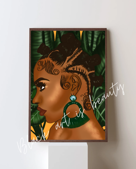 Bantu Knots Black Art Matte Vertical Posters, African American Woman Home Decor, Orange & Green Tropical Jungle Plant , Office Wall Art