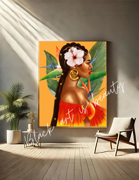 Black Woman with Braids Tropical Birds Of Paradise Art Matte Vertical Posters, African American Woman Decor, Yellow Decor, Office Wall Art