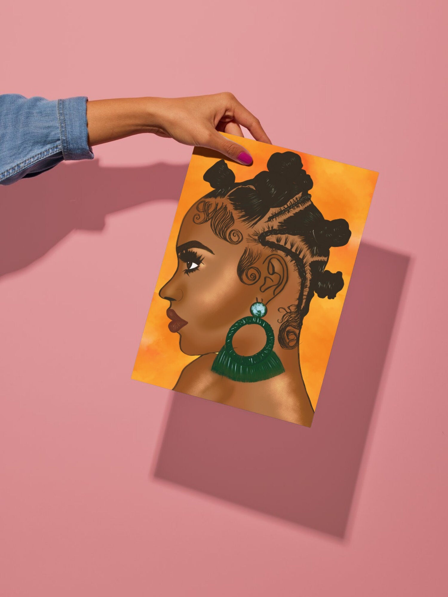 Bantu Knots and side profiles orange digital art, black hair art, braids, African hairstyles, Afro, hair salon art, black hair wall art