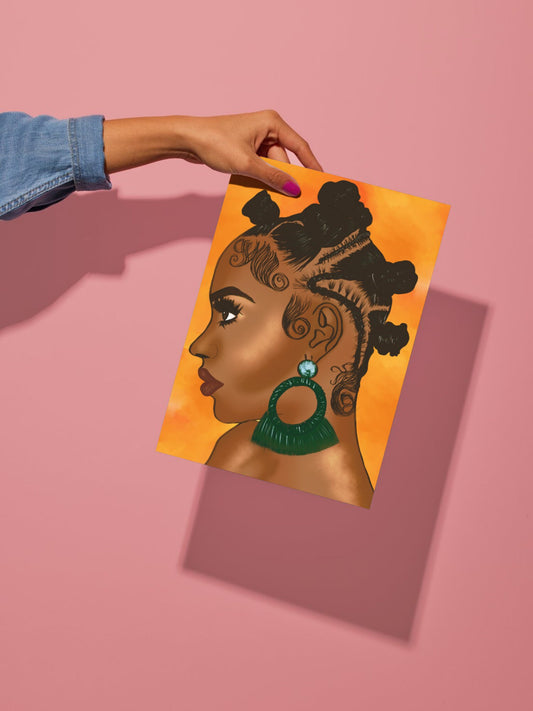 Bantu Knots and side profiles orange digital art, black hair art, braids, African hairstyles, Afro, hair salon art, black hair wall art