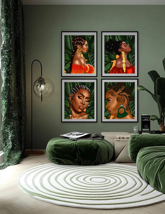 Tropical jungle black woman black hair plant monstera set of 3 posters - art for office, art for living room, art for plant lovers