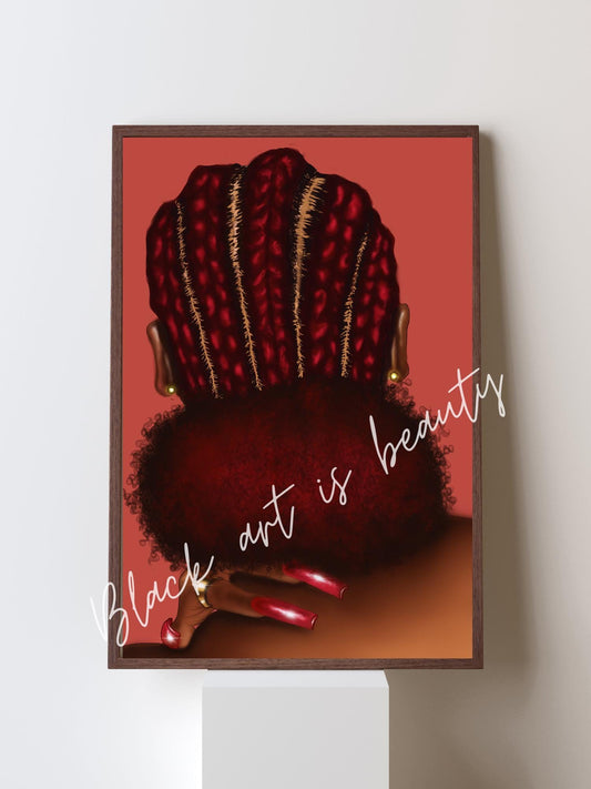 Black Woman with a Red Afro puff and cornrows Art Matte Vertical Posters, African American Woman Decor, peach beige Decor, Office Wall Art